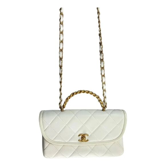 Chanel Timeless Classique Top Handle Leather Bag Quilted Flap White Cream Gold - Picture 1 of 15